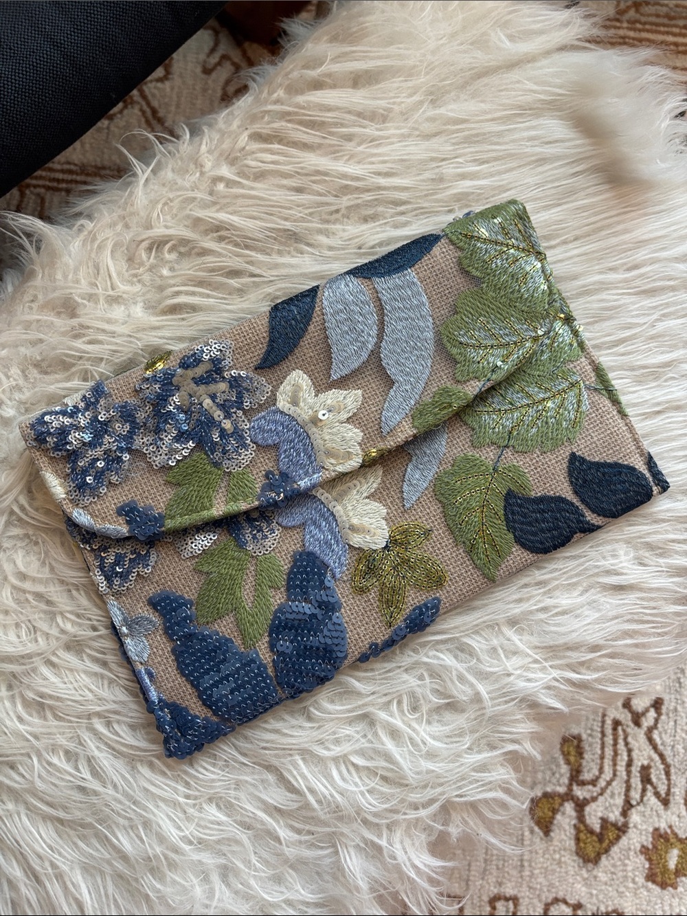 Embroidered Floral Sequin Clutch - Neutral Beige with Blue & Green